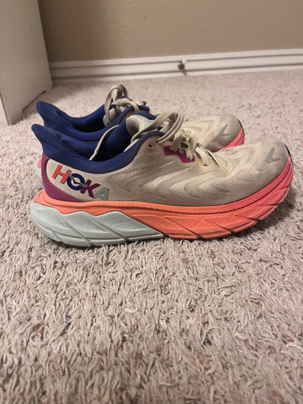 Hoka Women’s Running Shoes in Beige with Coral & Blue